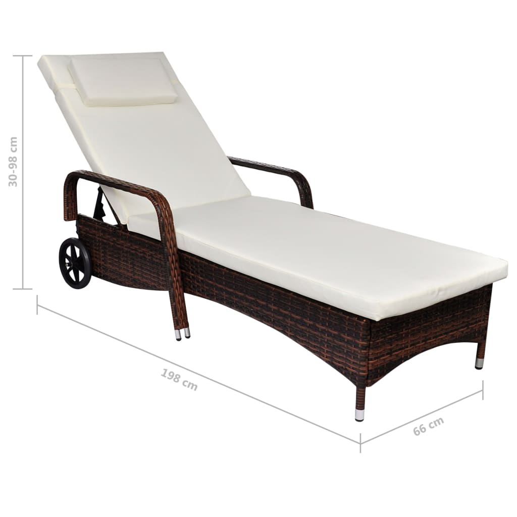 Lettino Prendisole con Cuscino e Ruote in Polyrattan Marrone | homemem39
