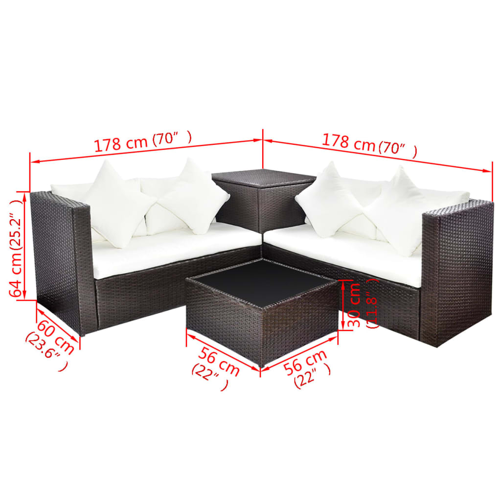 Set Divani da Giardino 4 pz con Cuscini in Polyrattan Marrone | homemem39