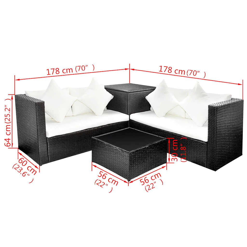 Set Divani da Giardino 4 pz con Cuscini in Polyrattan Nero | homemem39