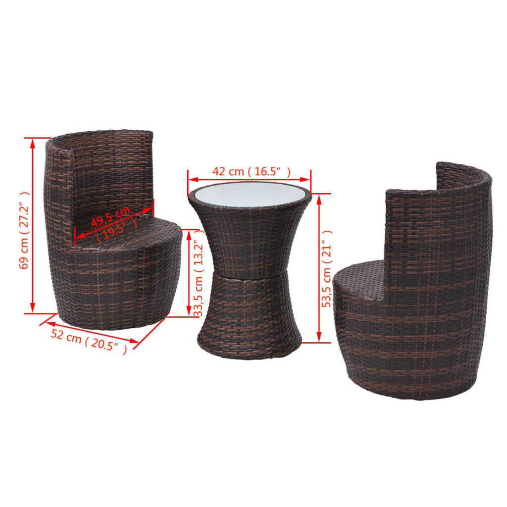 Set da Bistrot 3 pz con Cuscini in Polyrattan Marrone | homemem39