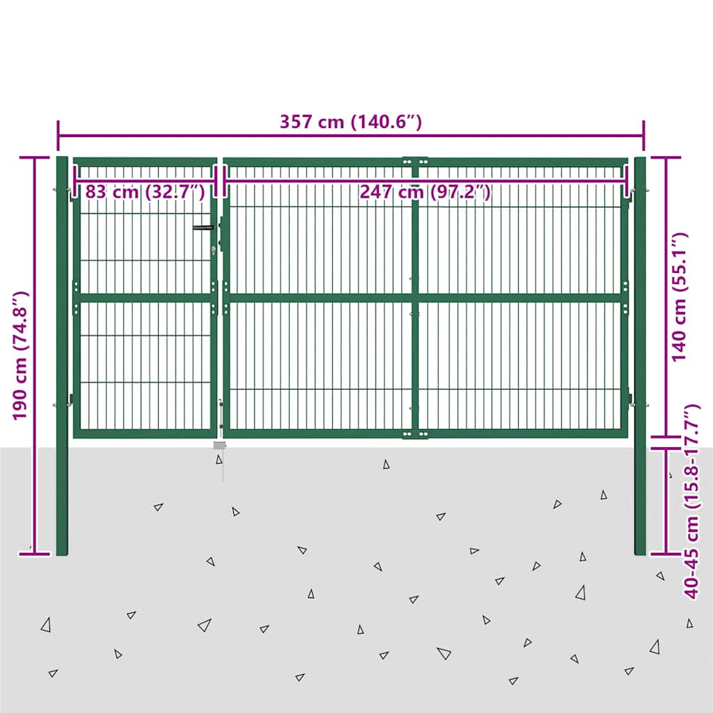 Cancello per Recinzione da Giardino con Pali 350x140 cm in Acciaio Verde | homemem39