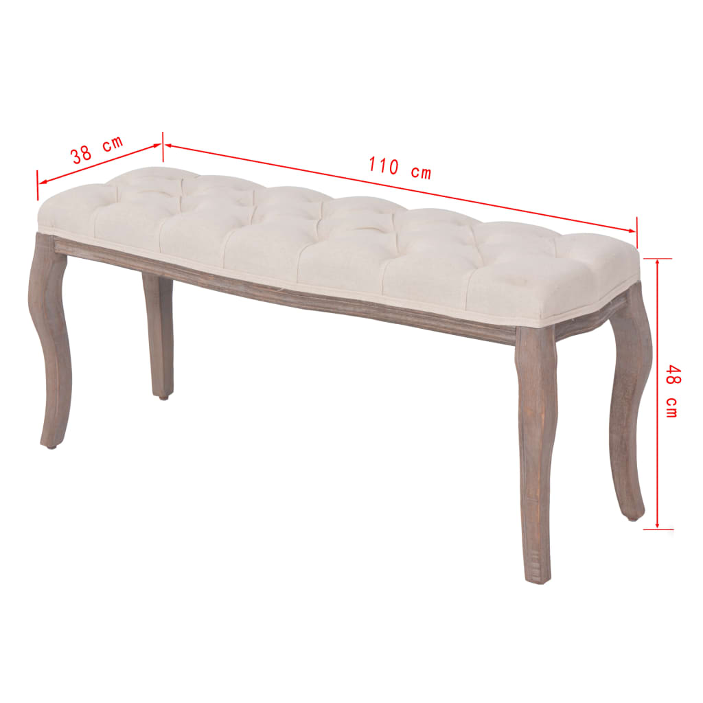 Panca in Legno Massello e Lino 110x38x48 cm Bianco Crema - homemem39