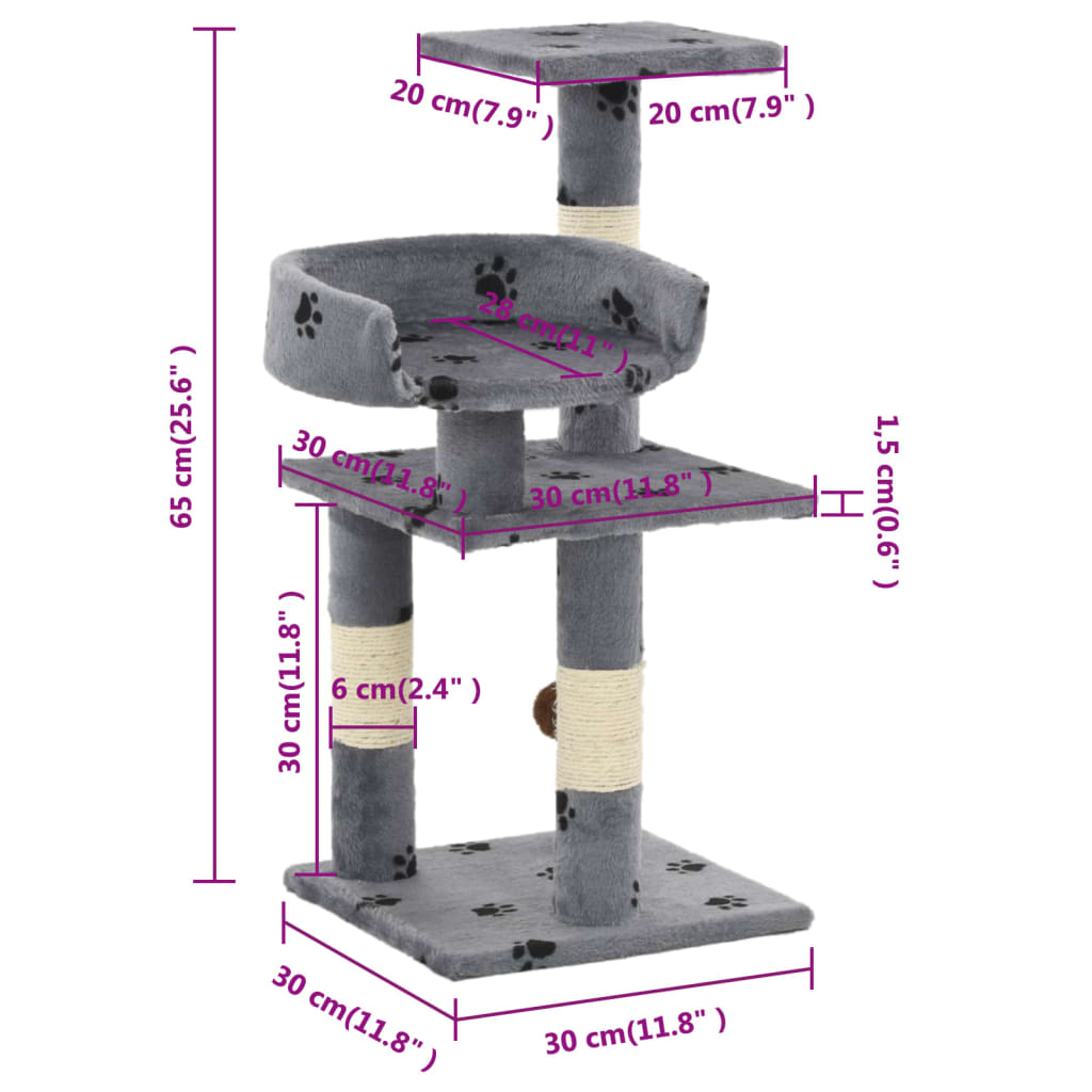 Albero per Gatti Tiragraffi in Sisal 65 cm Zampe Stampate Grigio | homemem39
