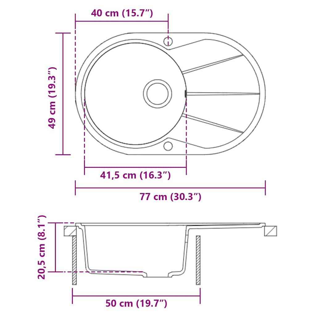 Lavello da Cucina in Granito Vasca Singola Ovale Nero - homemem39