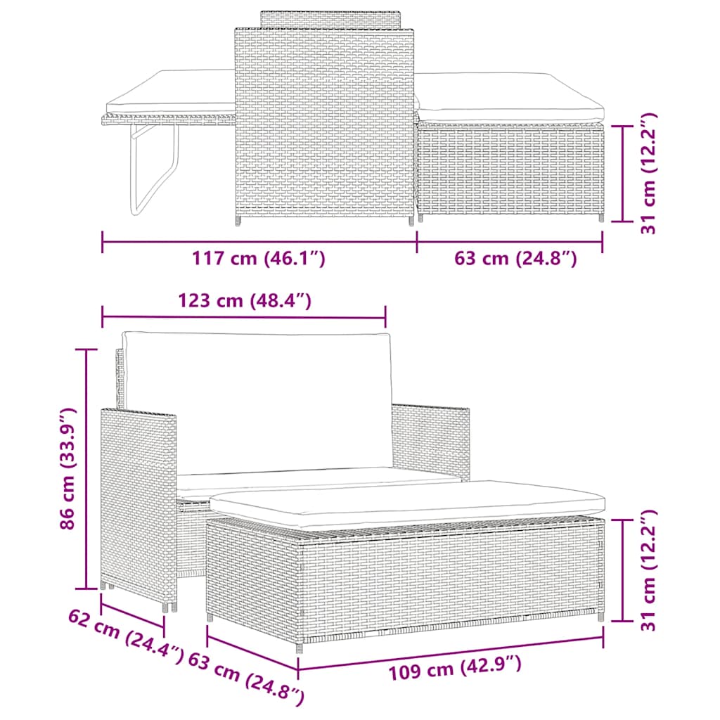 Set Divani da Giardino 2 pz con Cuscini in Polyrattan Grigio - homemem39