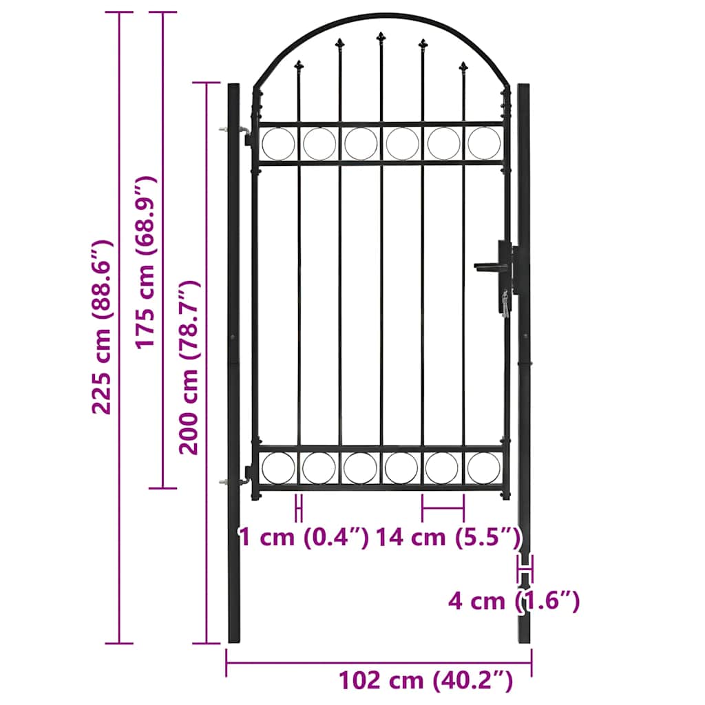 Cancello per recinzione con parte superiore ad arco in acciaio 104x175 cm nero - homemem39