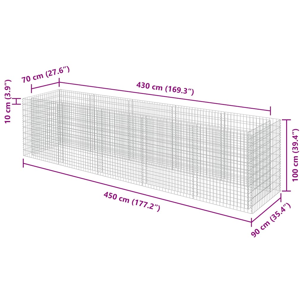 Gabbione Letto Rialzato in Acciaio Zincato 450x90x100 cm | homemem39