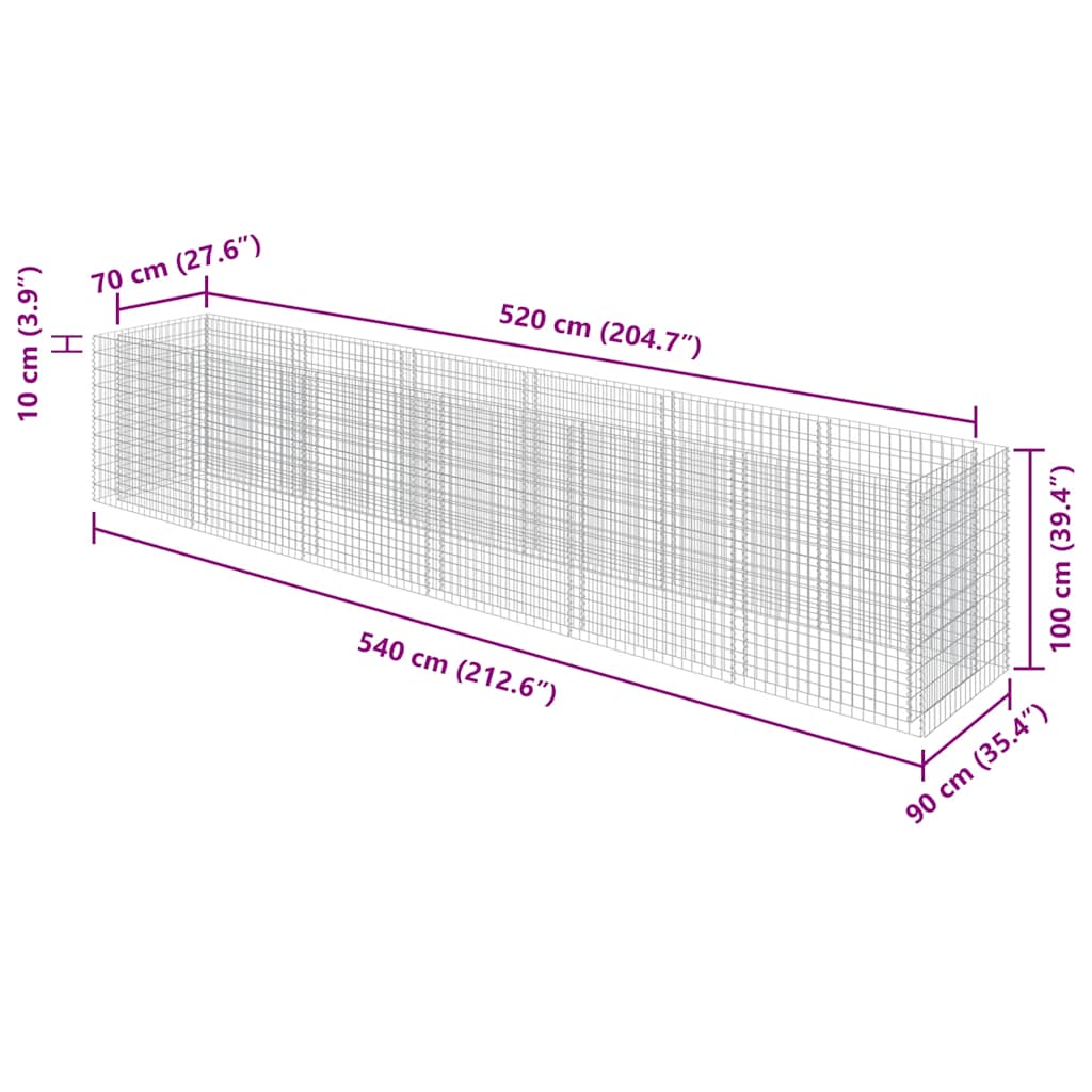 Gabbione Letto Rialzato in Acciaio Zincato 540x90x100 cm - homemem39