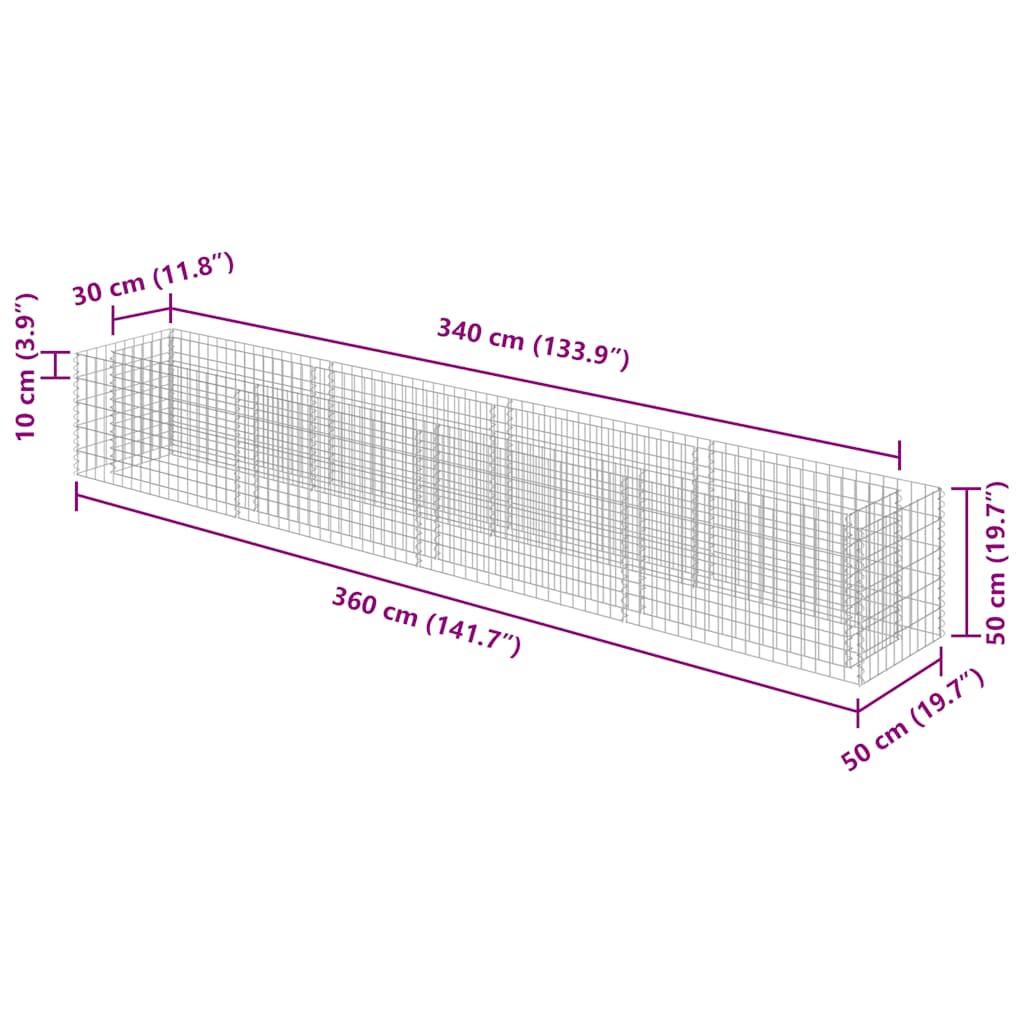 Gabbione Letto Rialzato in Acciaio Zincato 360x50x50 cm - homemem39