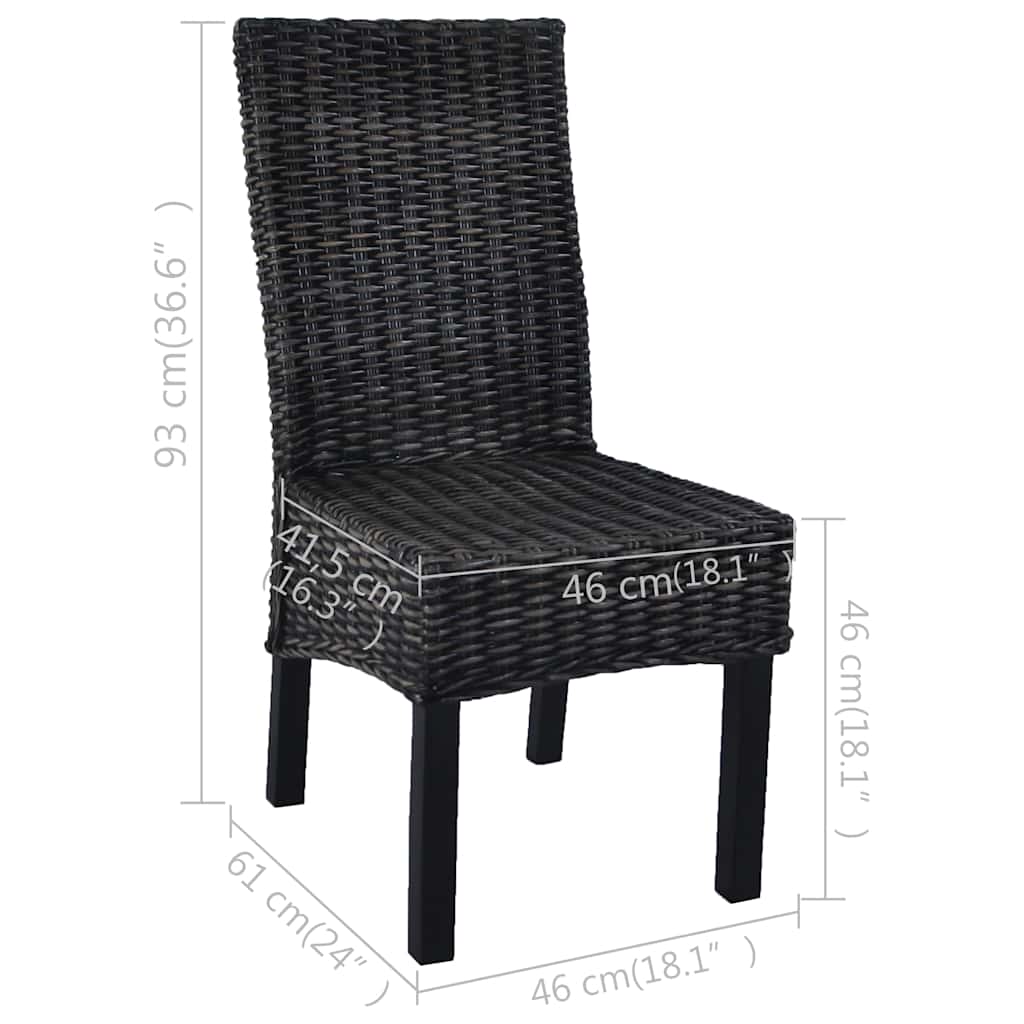 Sedie da Pranzo 4 pz Nere in Rattan Kubu e Legno di Mango