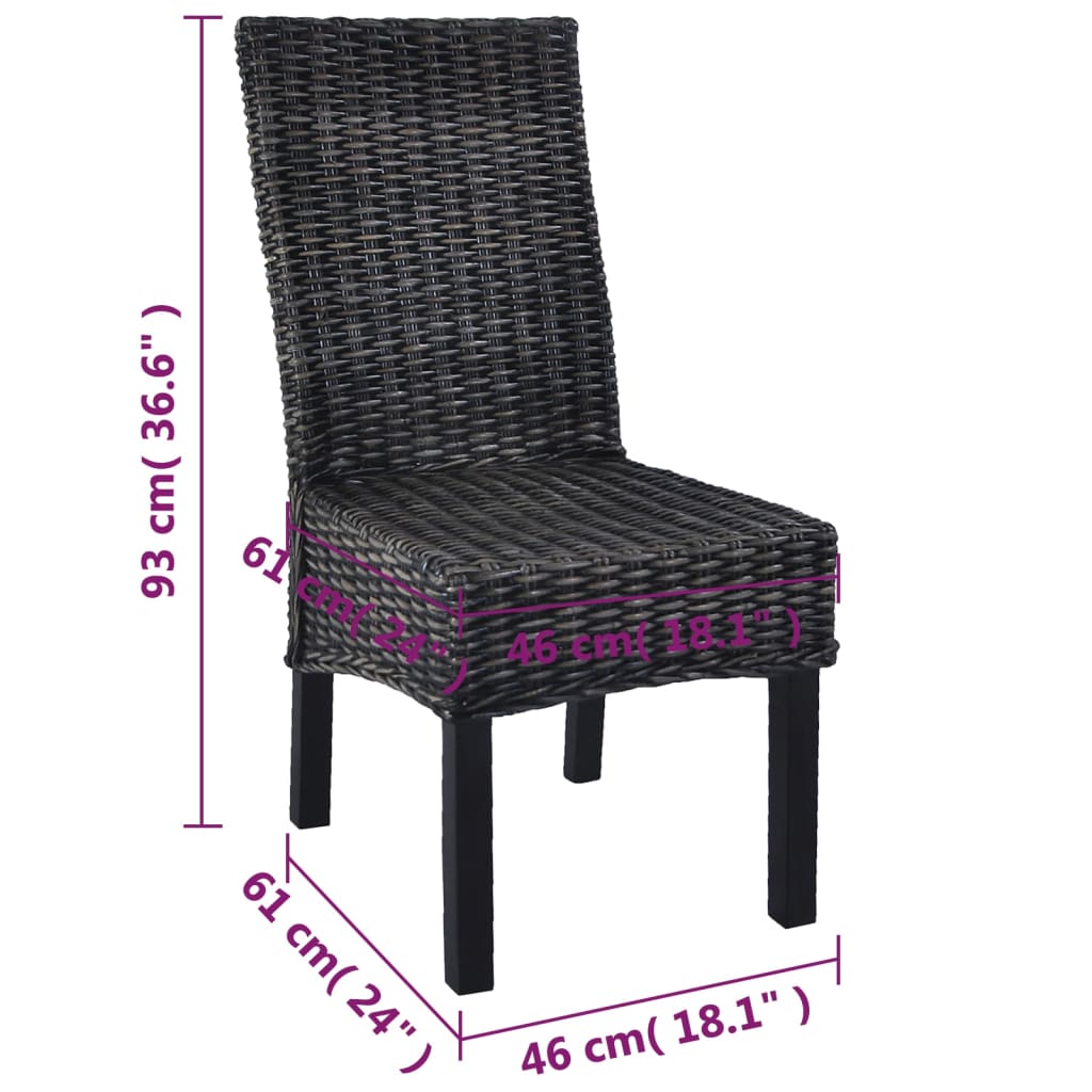 Sedie da Pranzo 6 pz Nere in Rattan Kubu e Legno di Mango