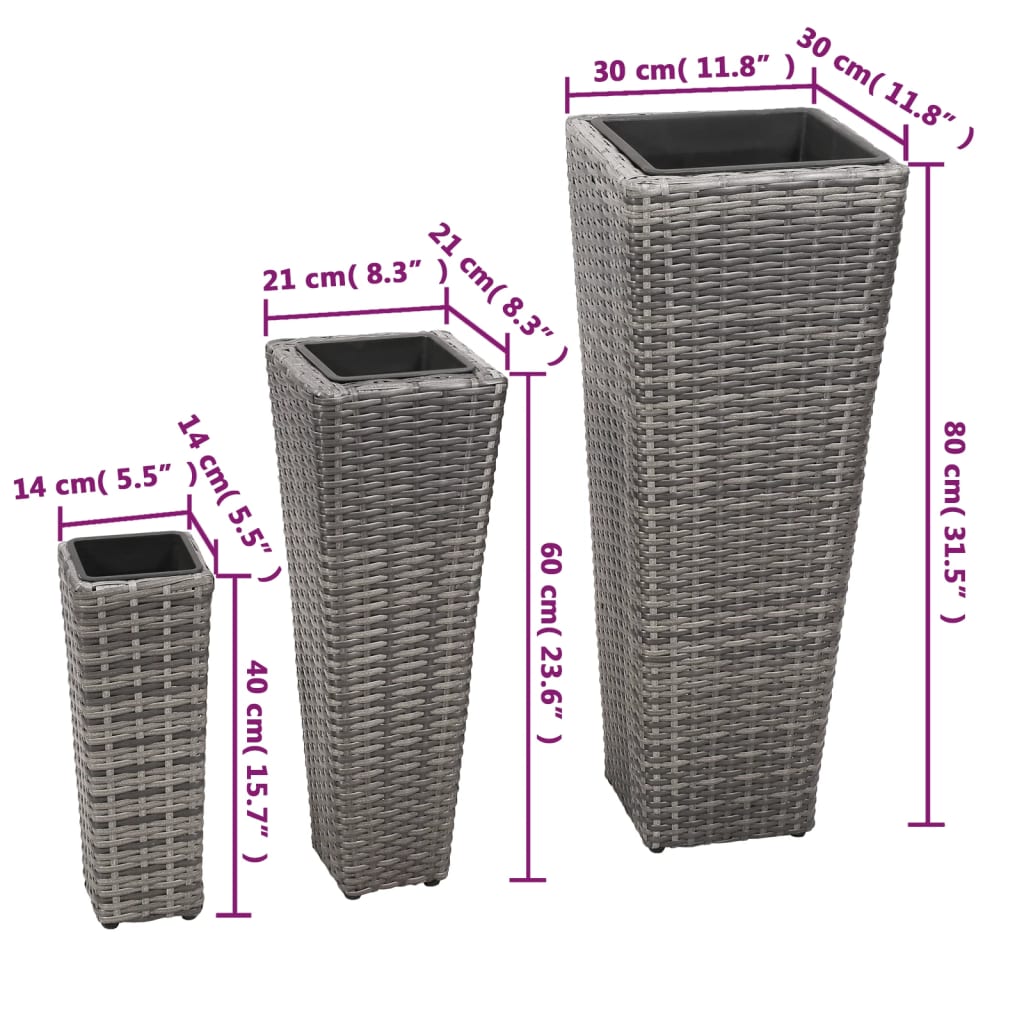Letti Rialzati da Giardino 3 pz in Polyrattan Grigio - homemem39
