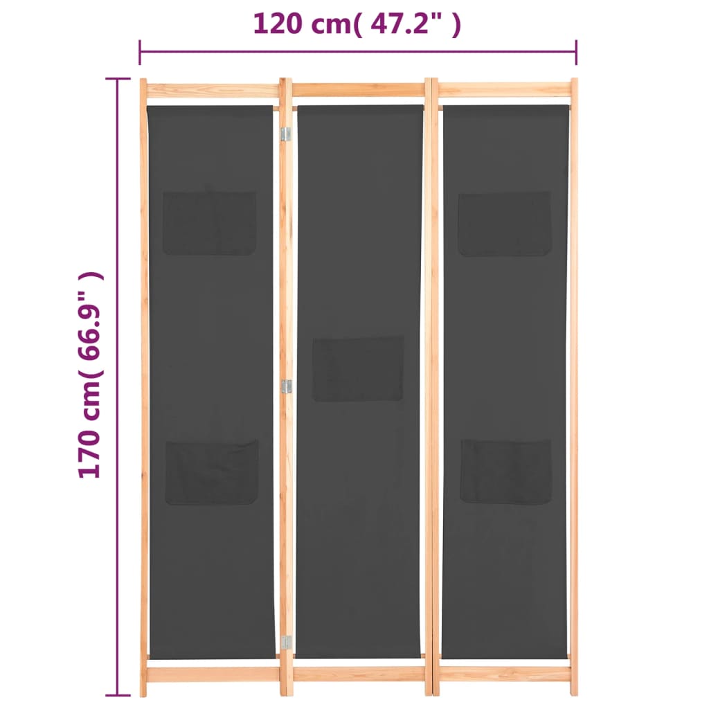 Divisorio a 3 Pannelli Grigio 120x170x4 cm in Tessuto | homemem39