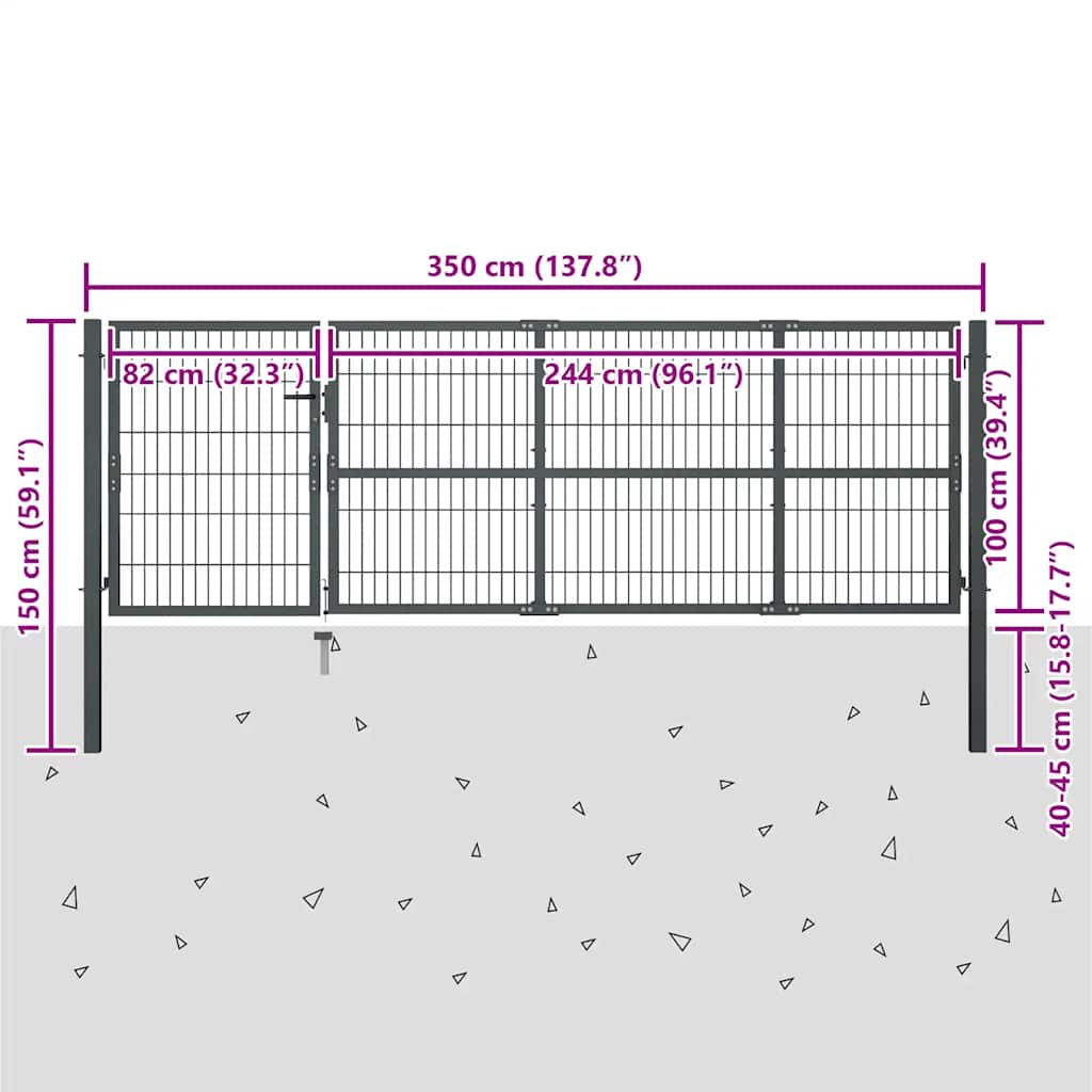 Cancello da Giardino con Pali in Acciaio 350x100 cm Antracite | homemem39