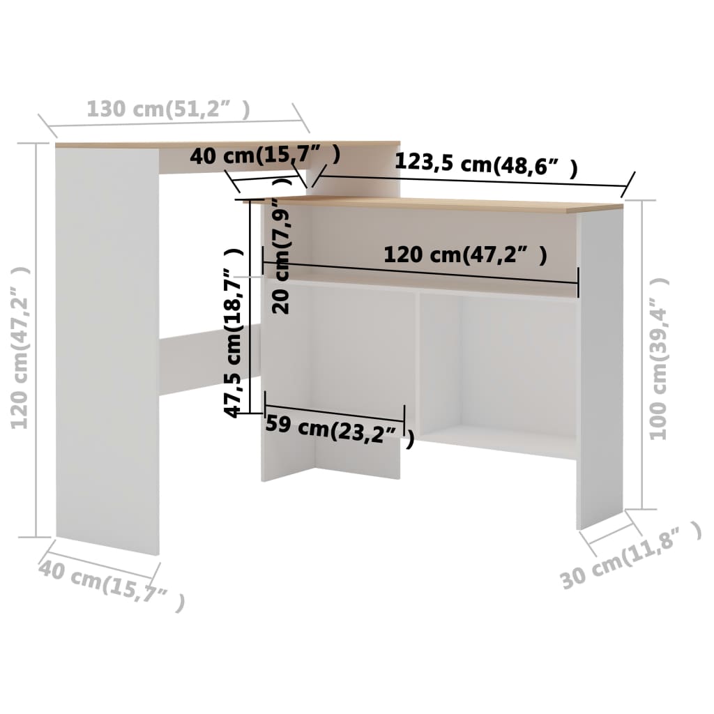 Tavolo Bar con 2 Piani d'Appoggio Bianco e Rovere 130x40x120cm | homemem39