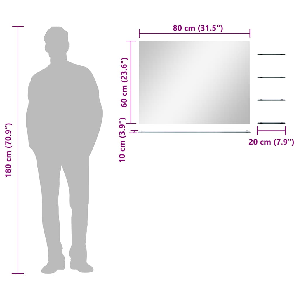 Specchio da Parete con 5 Mensole Argento 80x60 cm