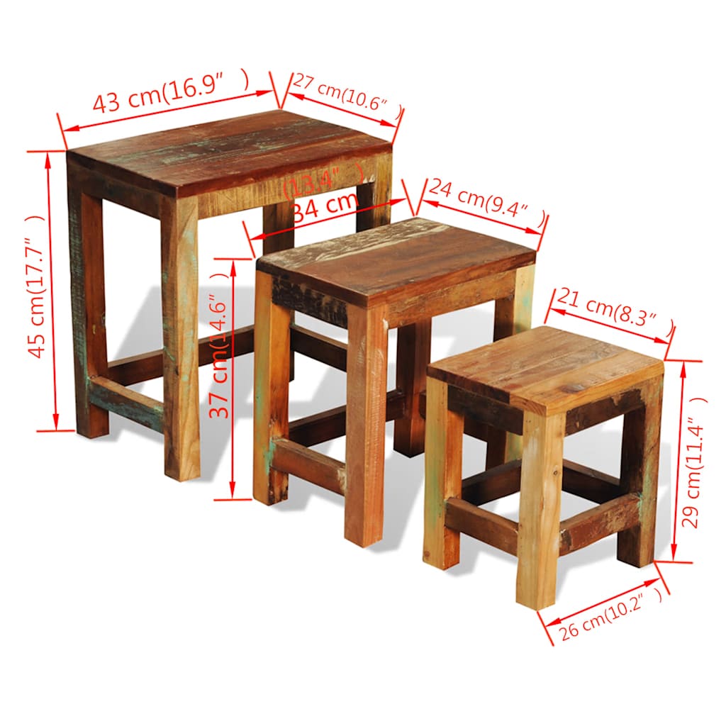 Tavolini Impilabili Set 3 pz in Legno Vintage di Recupero