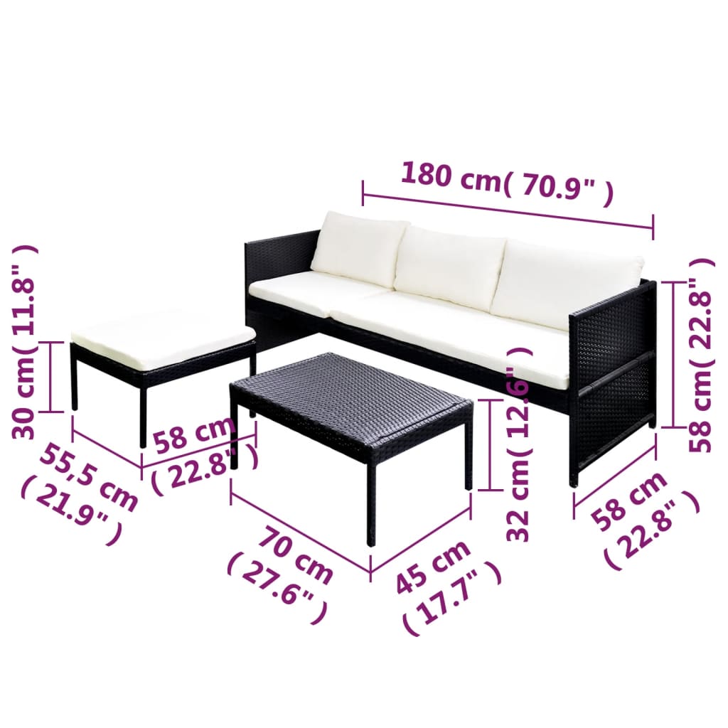 Set Divani da Giardino 3 pz con Cuscini in Polyrattan Nero | homemem39