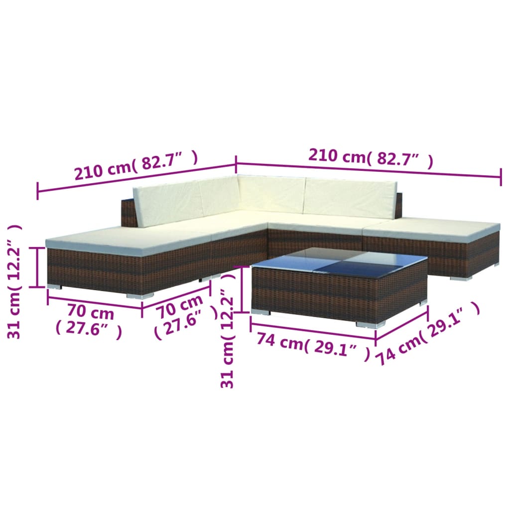 Set Divani da Giardino 6 pz con Cuscini in Polyrattan Marrone | homemem39