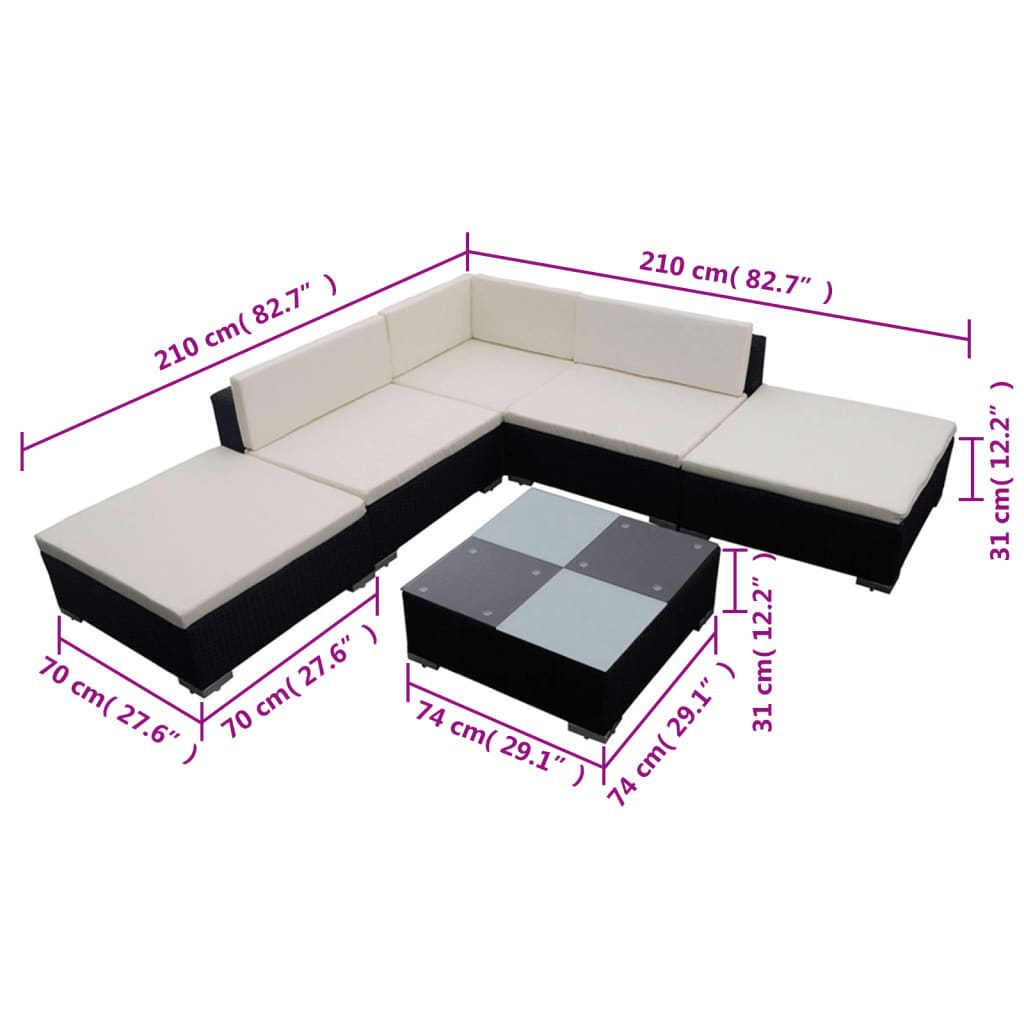 Set Divani da Giardino 6 pz con Cuscini in Polyrattan Nero | homemem39