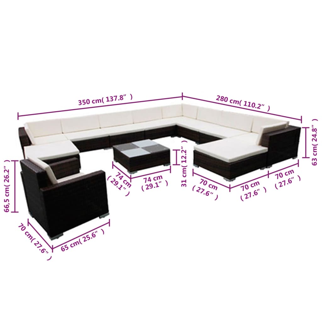 Set Divani da Giardino 12 pz con Cuscini in Polyrattan Nero | homemem39