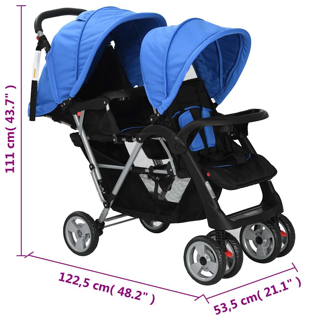 Passeggino Gemellare a Tandem in Acciaio Blu e Nero - homemem39