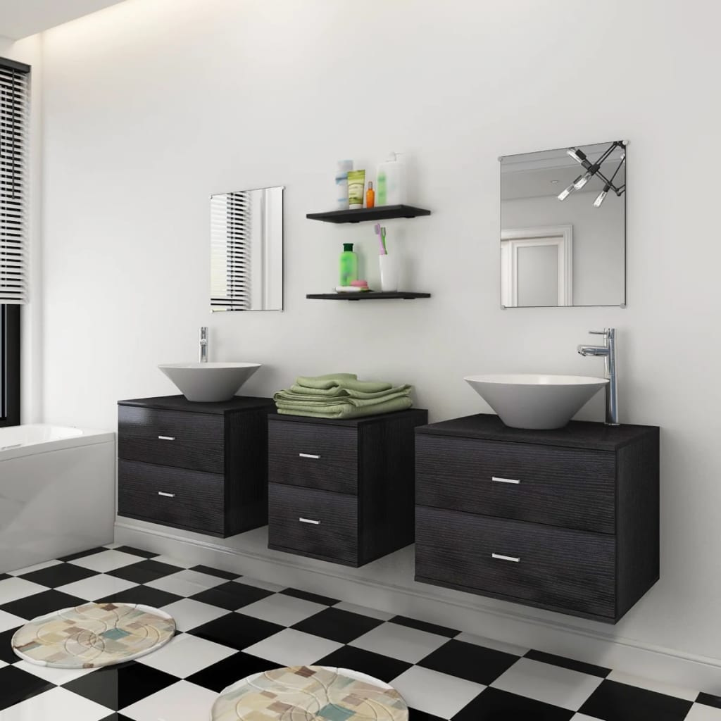 Set Mobili da Bagno 9 pz con Lavabo e Rubinetto Nero - homemem39