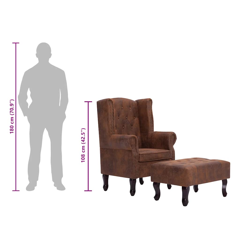 Poltrona Chesterfield Poggiapiedi Marrone Ecopelle Scamosciata | homemem39