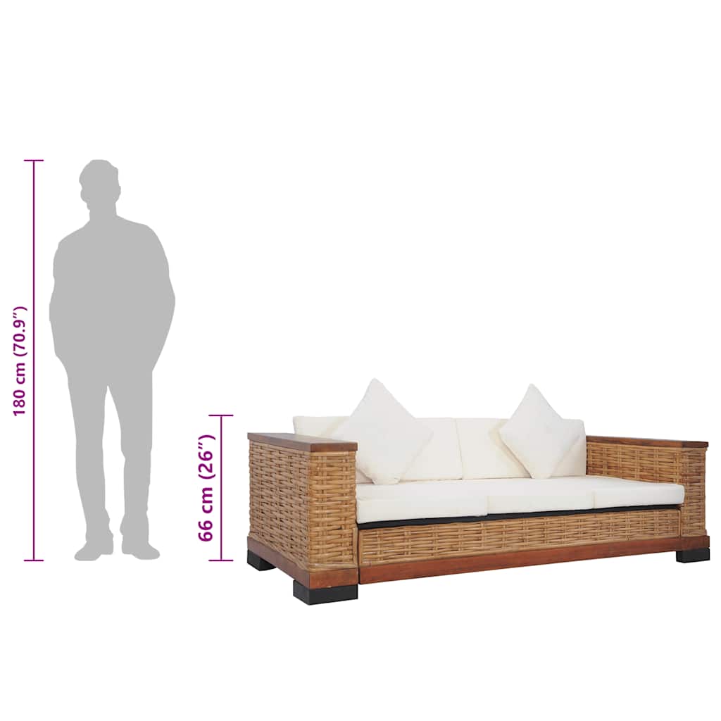 Divano a 3 Posti con Cuscini Marrone in Rattan Naturale