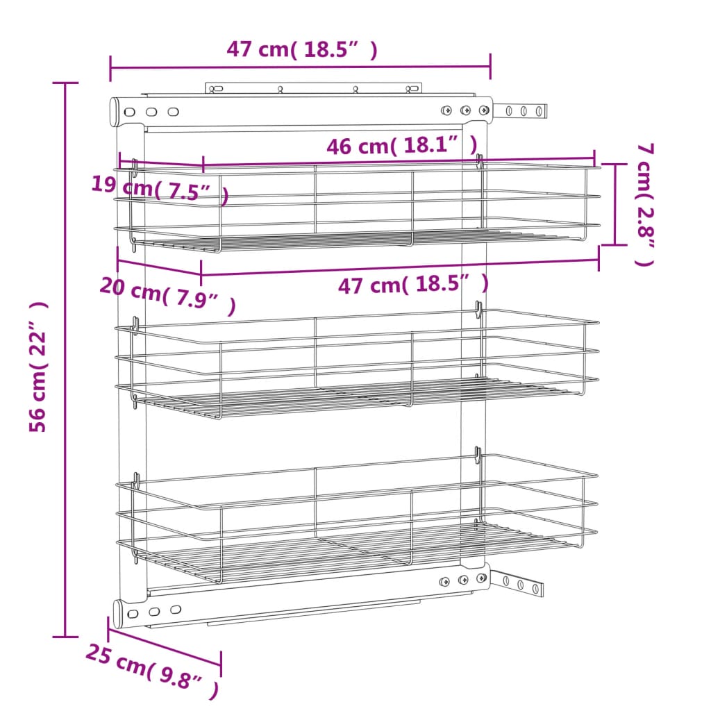 Cestino da Cucina in Rete a 3 Livelli Argento 47x25x56 cm | homemem39