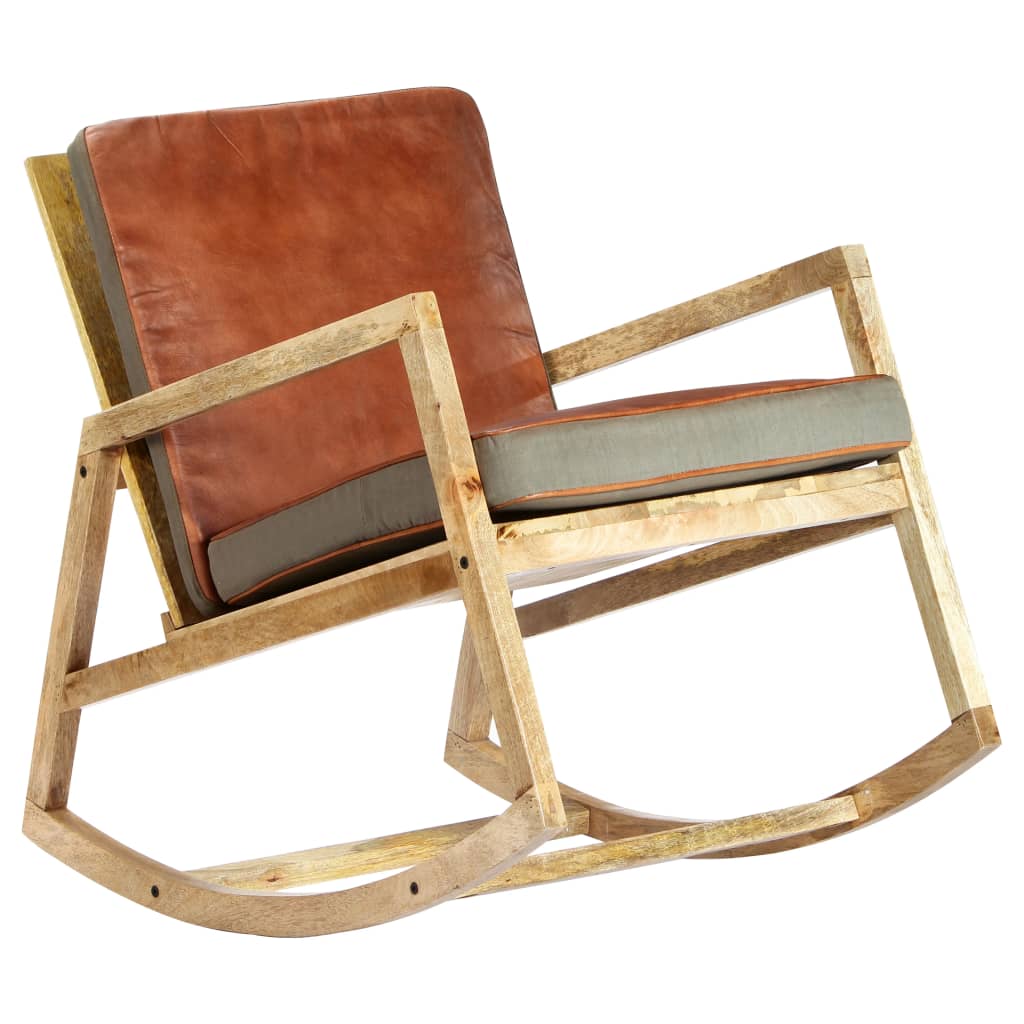 Sedia a Dondolo Marrone in Vera Pelle e Legno Massello di Mango | homemem39