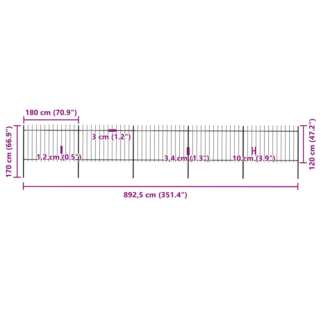 Recinzione da Giardino con Punta a Lancia in Acciaio 892,5x120 cm Nero - homemem39