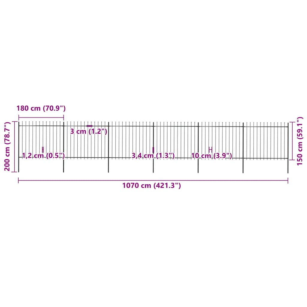 Recinzione da Giardino con Punta a Lancia in Acciaio 1070x150 cm Nero