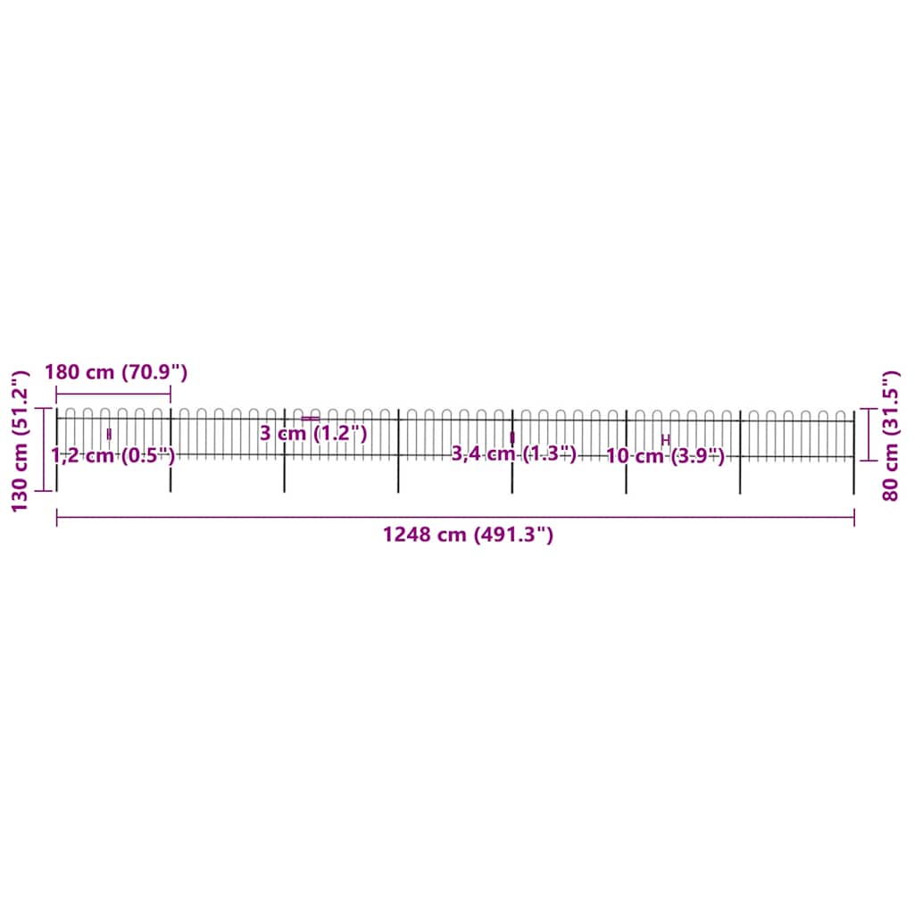 Recinzione da Giardino con Parte Superiore ad Anello in Acciaio 1248x80 cm Nero - homemem39