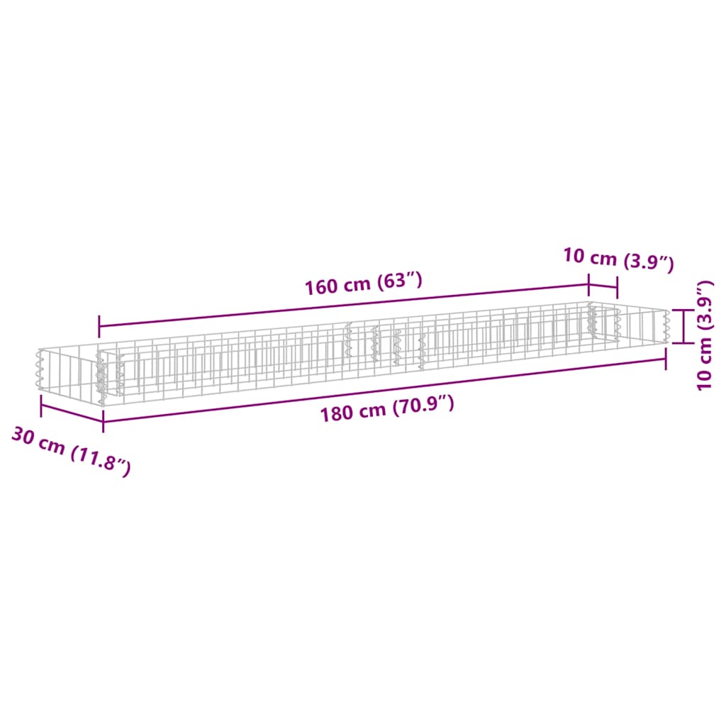 Gabbione Letto Rialzato in Acciaio Zincato 180x30x10 cm