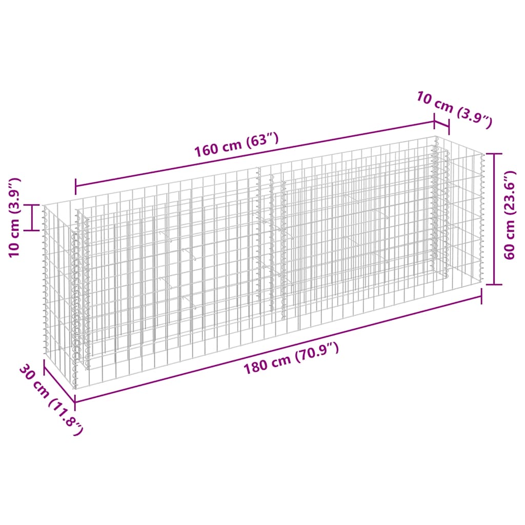Gabbione Letto Rialzato in Acciaio Zincato 180x30x60 cm | homemem39