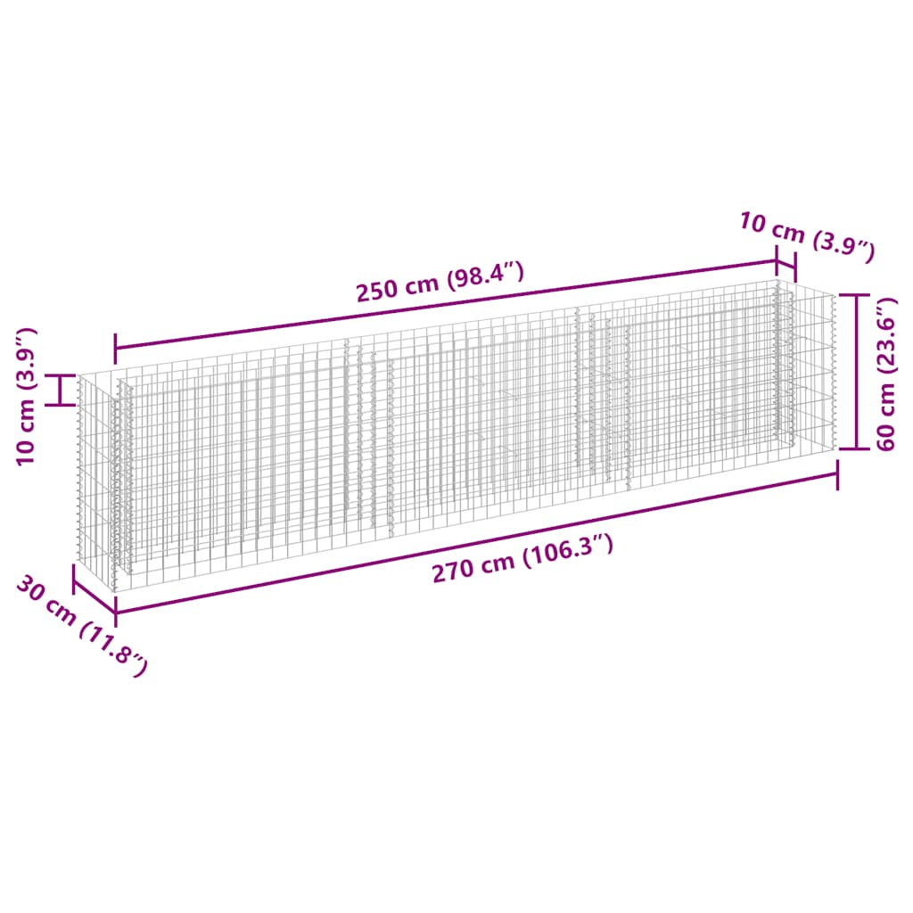 Gabbione Letto Rialzato in Acciaio Zincato 270x30x60 cm
