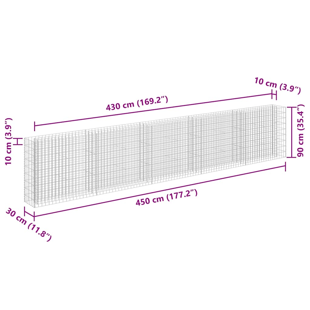Gabbione Letto Rialzato in Acciaio Zincato 450x30x90 cm | homemem39