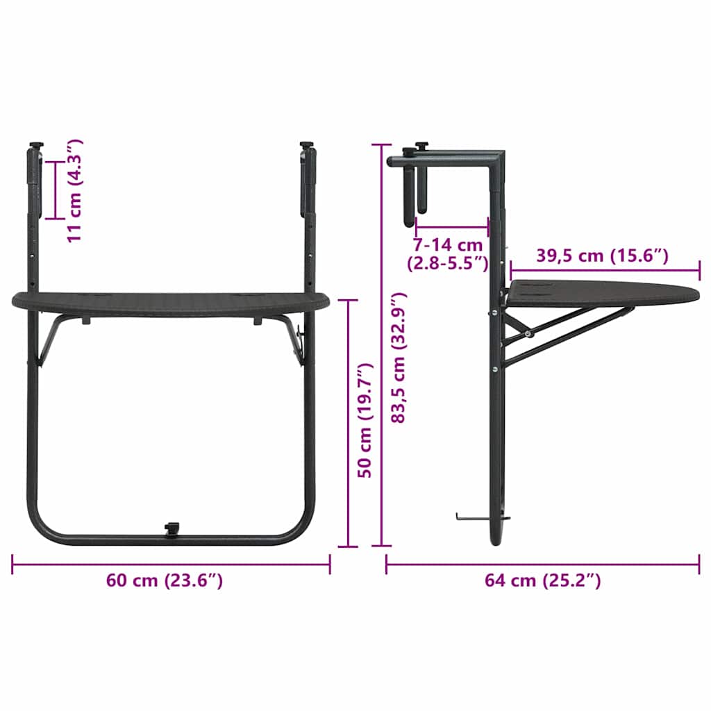 Tavolo da Balcone Pensile Marrone 60x64x83,5cm Plastica Rattan | homemem39