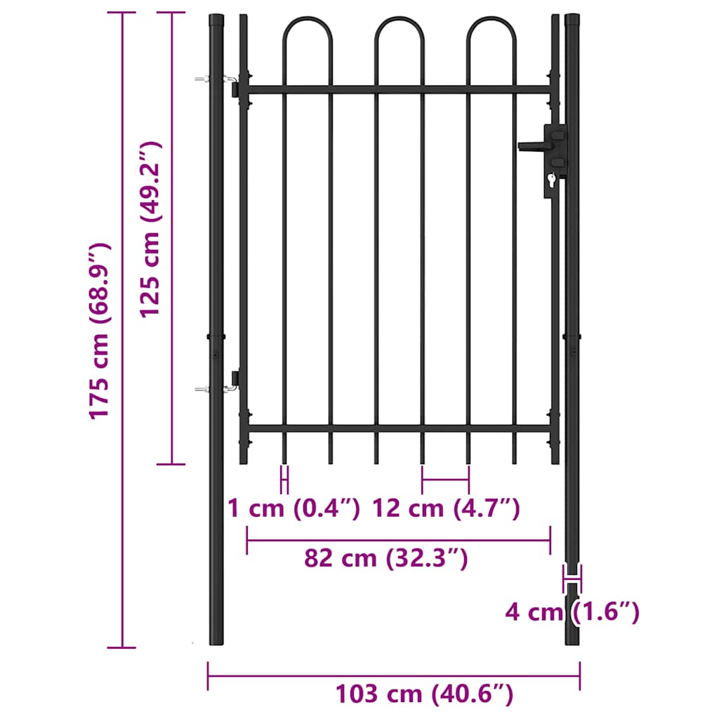 Cancello per recinzione BOXTEL porta singola con parte superiore ad arco in acciaio 1x1,2 m Nero | homemem39