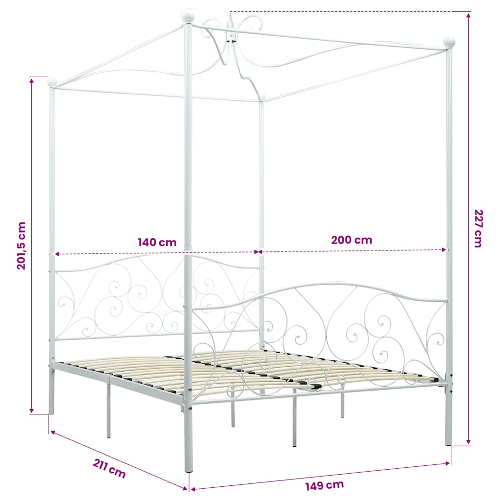 Letto a Baldacchino Bianco in Metallo 140x200 cm