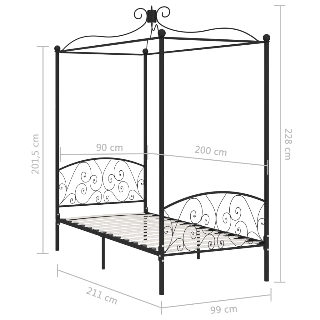 Letto a Baldacchino Nero in Metallo 90x200 cm | homemem39