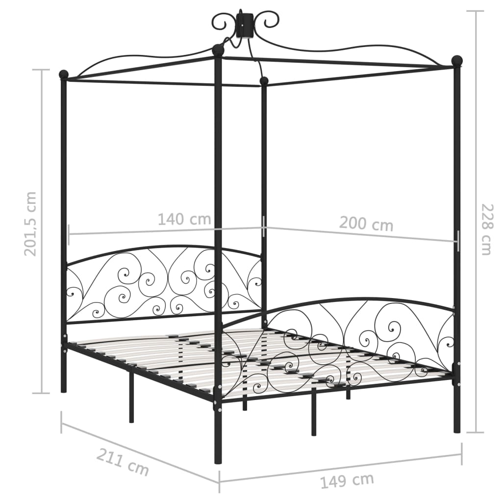 Letto a Baldacchino Nero in Metallo 140x200 cm | homemem39