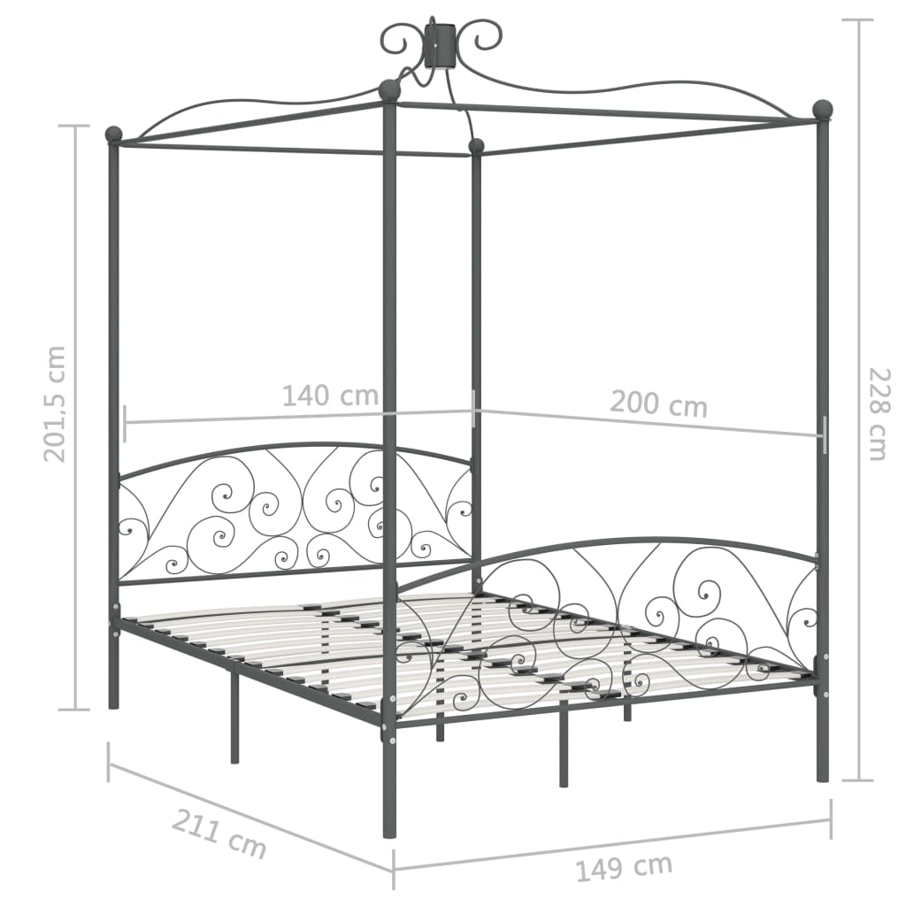 Letto a Baldacchino Grigio in Metallo 140x200 cm | homemem39