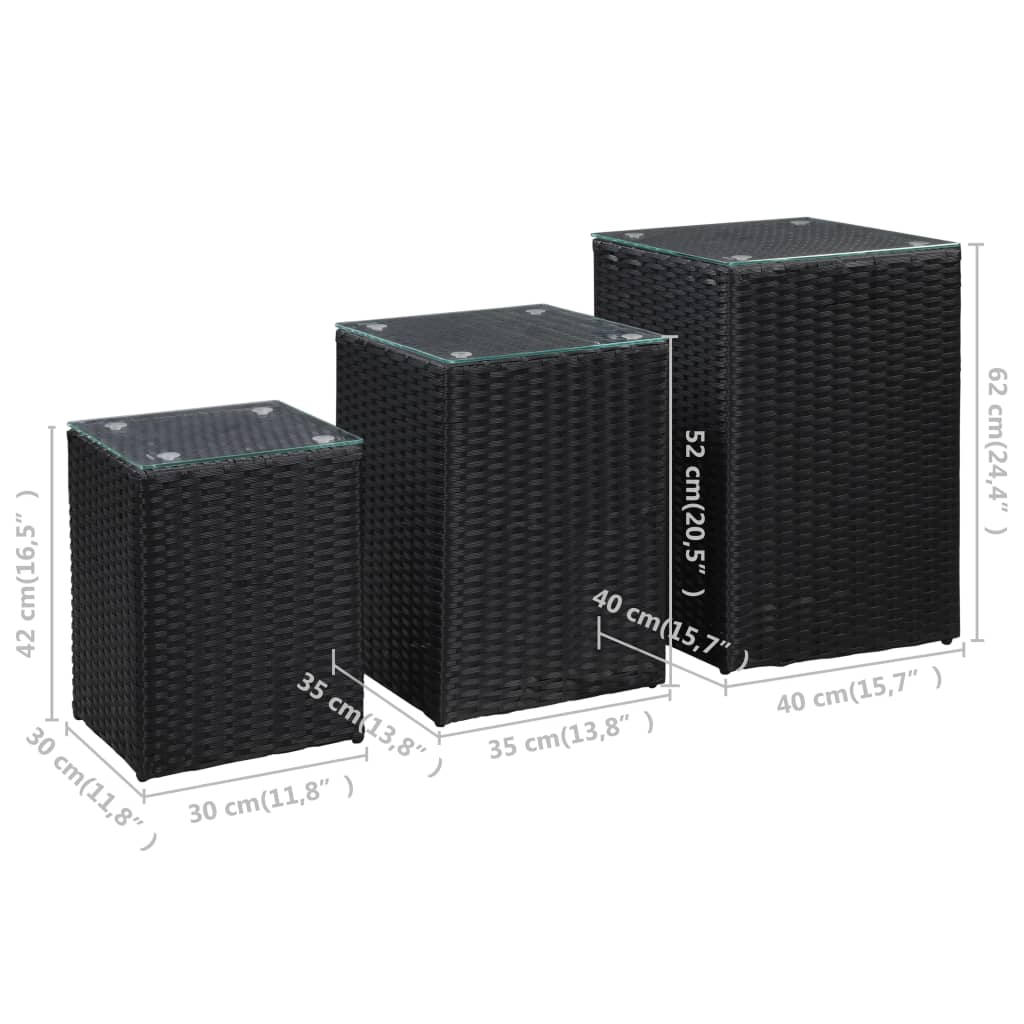 Tavolini Laterale 3 pz con Piano in Vetro Neri in Polyrattan - homemem39