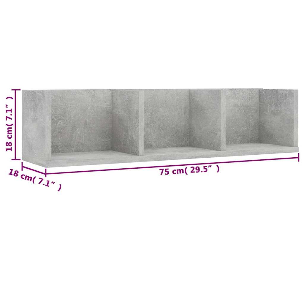 Scaffale Porta CD Parete Grigio Cemento 75x18x18 cm Multistrato