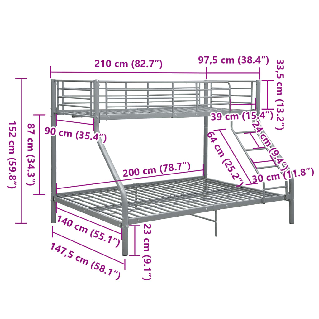 Letto a Castello Grigio in Metallo 140x200 cm/90x200 cm | homemem39