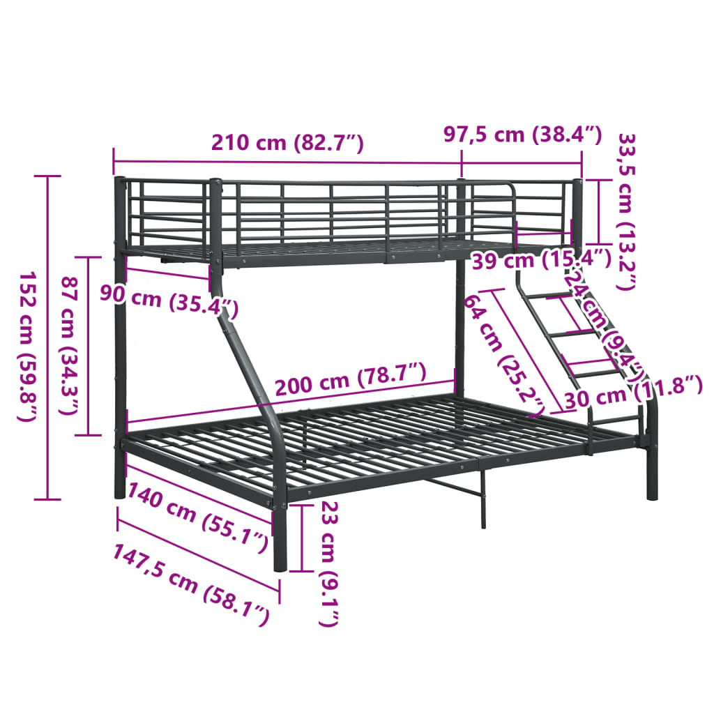 Letto a Castello Nero in Metallo 140x200 cm/90x200 cm | homemem39