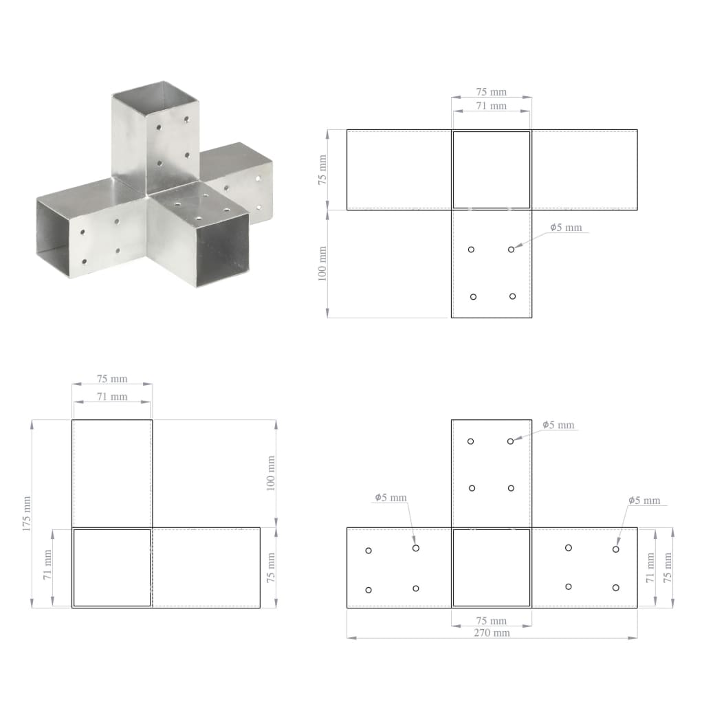 Connettori per Pali a Forma di X 4 pz in Metallo Zincato 71x71 mm | homemem39