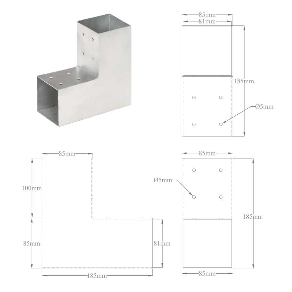 Connettori per Pali a Forma di L 4 pz Metallo Zincato 81x81 mm